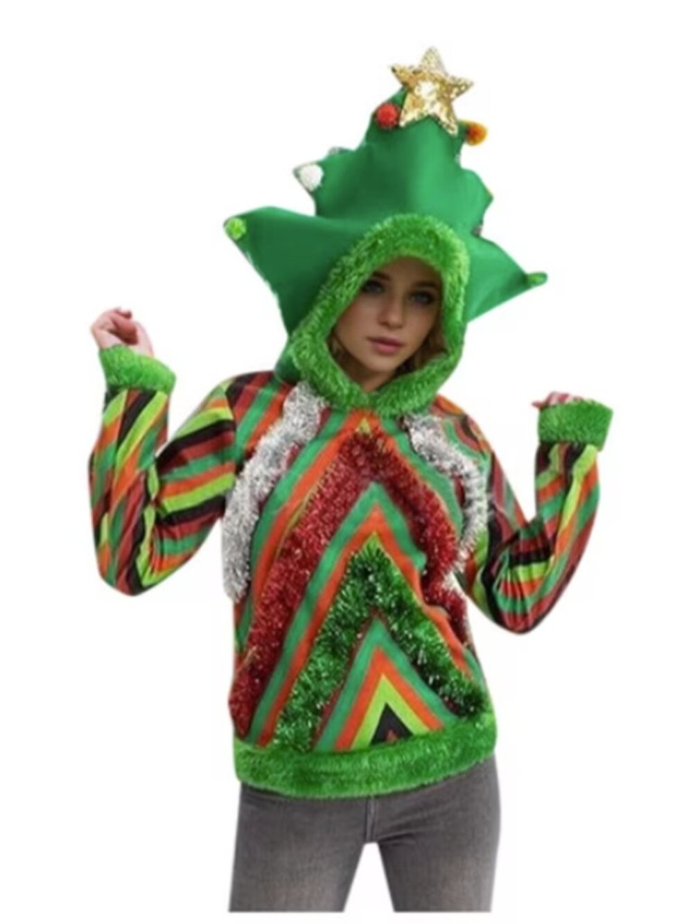 U Look Ugly 3d Tinsel Christmas Tree Hoodie Sweater Size Small NWT